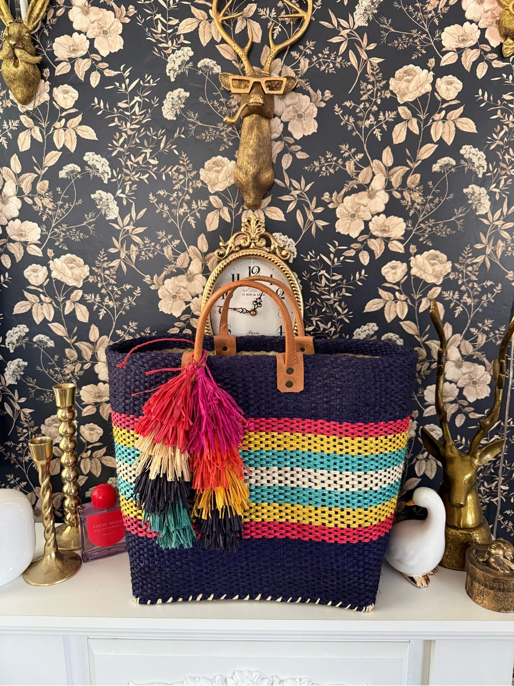 Mar Y Sol La Paz Sisal Tote - Navy Multicolor Stripe Straw Tote
